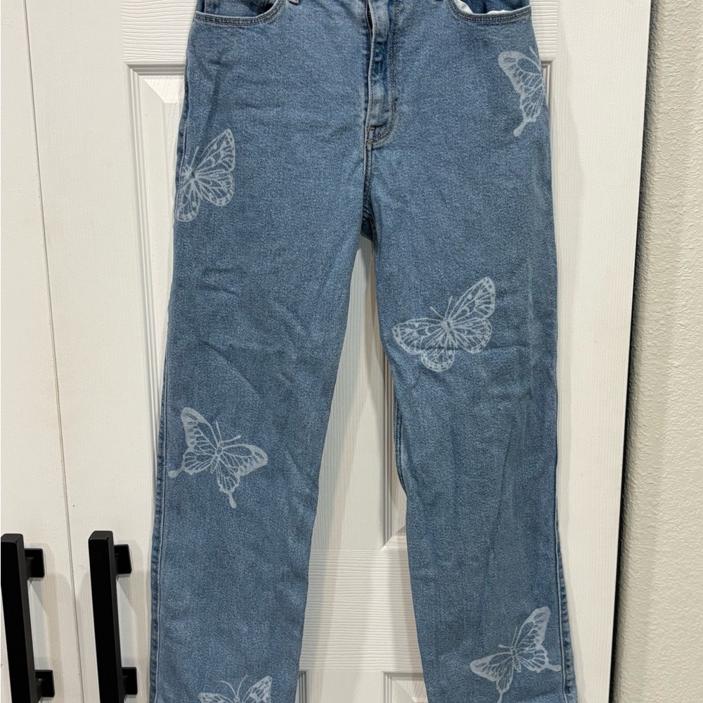 Hollister Blue Straight Leg Jeans with Artistic Butterfly Design
